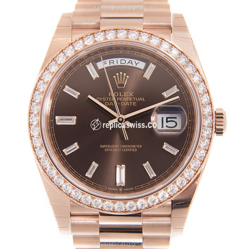 Rolex DAY-DATE Replica - 18kt Rose Gold & Diamond - Automatic - Brown Dial on Gold Strap